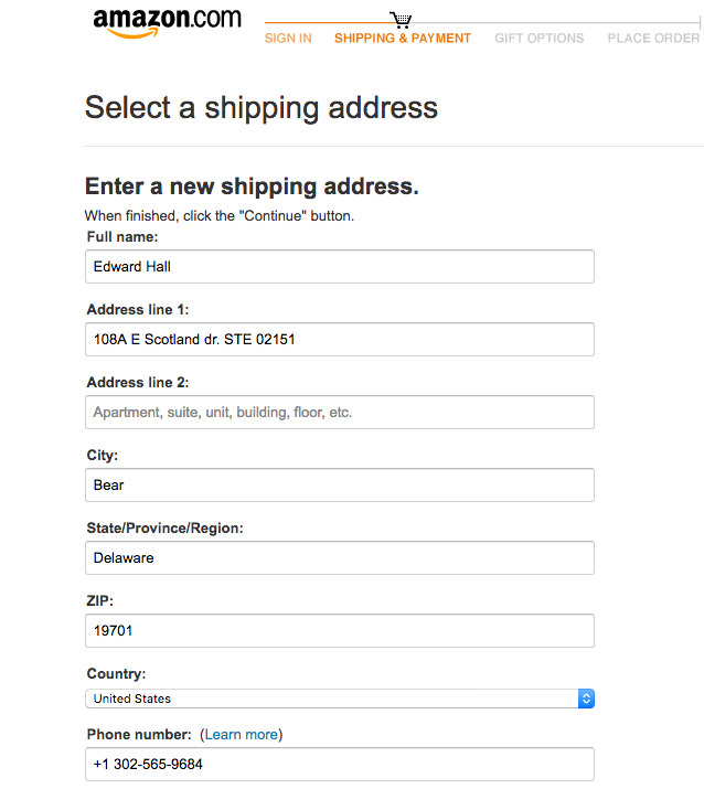 amazon checkout page with shipw.com address